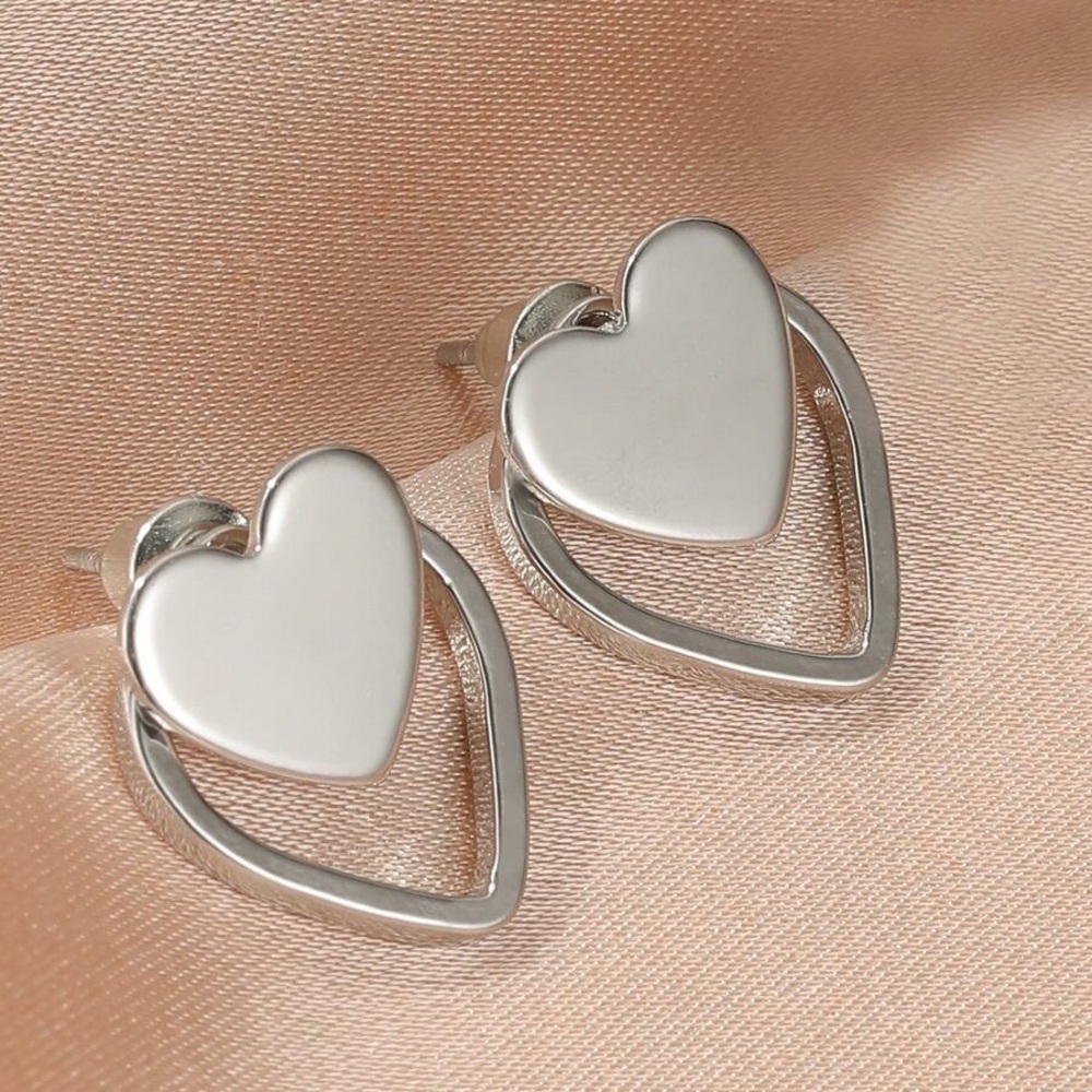 Silver Heart Studs w/Jacket Backs Earrings - Picture 4 of 6